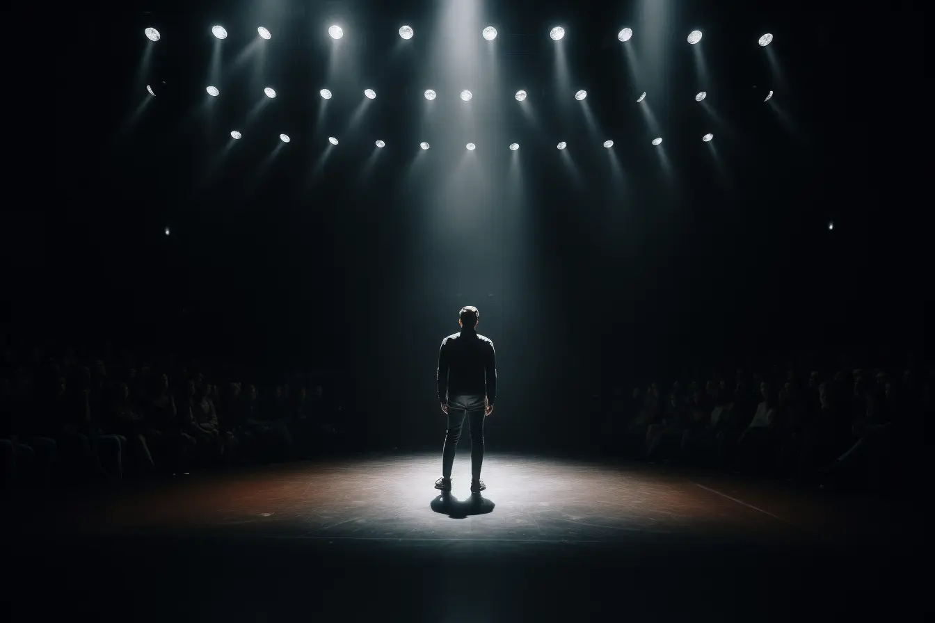 a person standing on a stage with a spotlight shining down on them